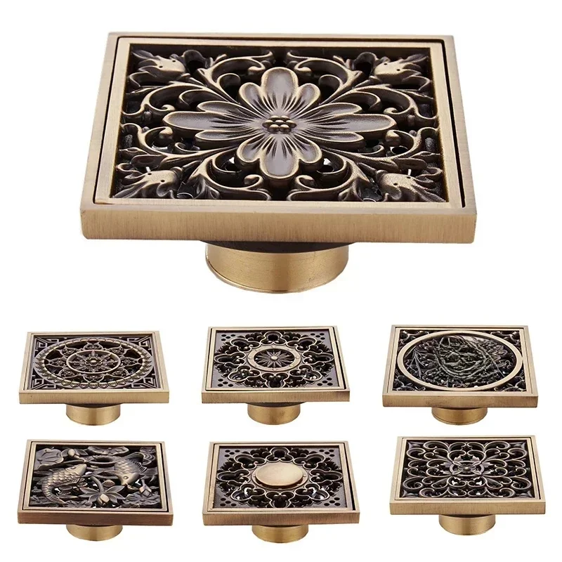 Nouveau Drain de sol Euro en laiton Antique, Drain de sol de douche, déodorant de salle de bains, couvercle de crépine de sol carré Euro, utilisation des déchets de grille