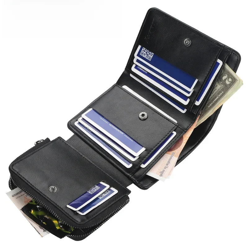 Nowe portfele męskie z grawerem, wysokiej jakości, z zamkiem błyskawicznym, krótki design, etui na karty, męska portmonetka, vintage portfel na monety, portfele męskie. — zdjęcie 2