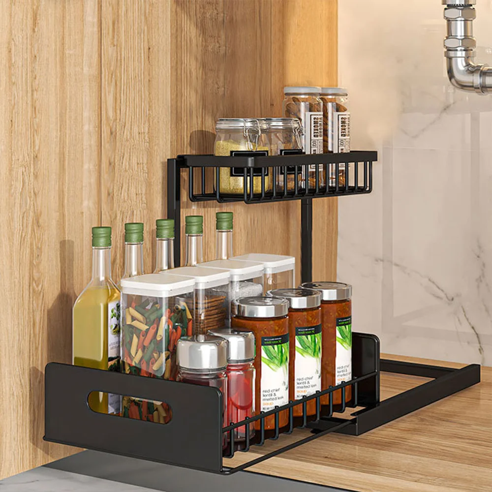 2-Tier Pull-Out Under Sink Organizer Shelf Cabinet Slide Out Rack Kitchen Countertop Drawout Storage Under Sink Sliding Shelf