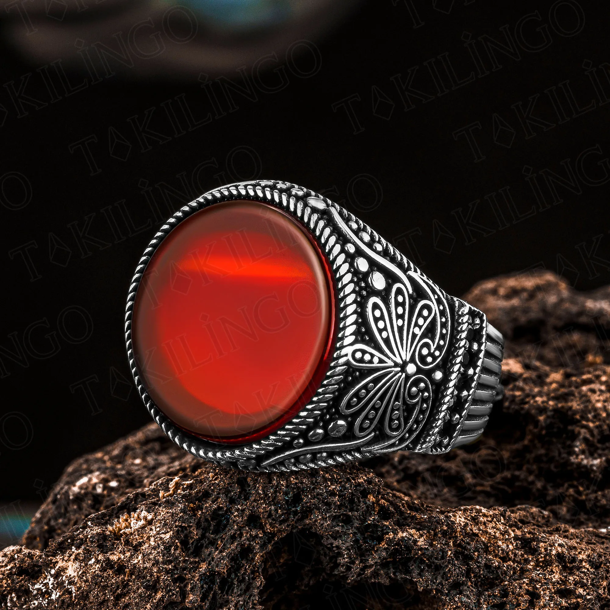 

Solid 925 Sterling Silver Round Red Agate Stone Men's Ring With Zirconia High Quality Handmade Turkish StyleJewelry Gift For Him