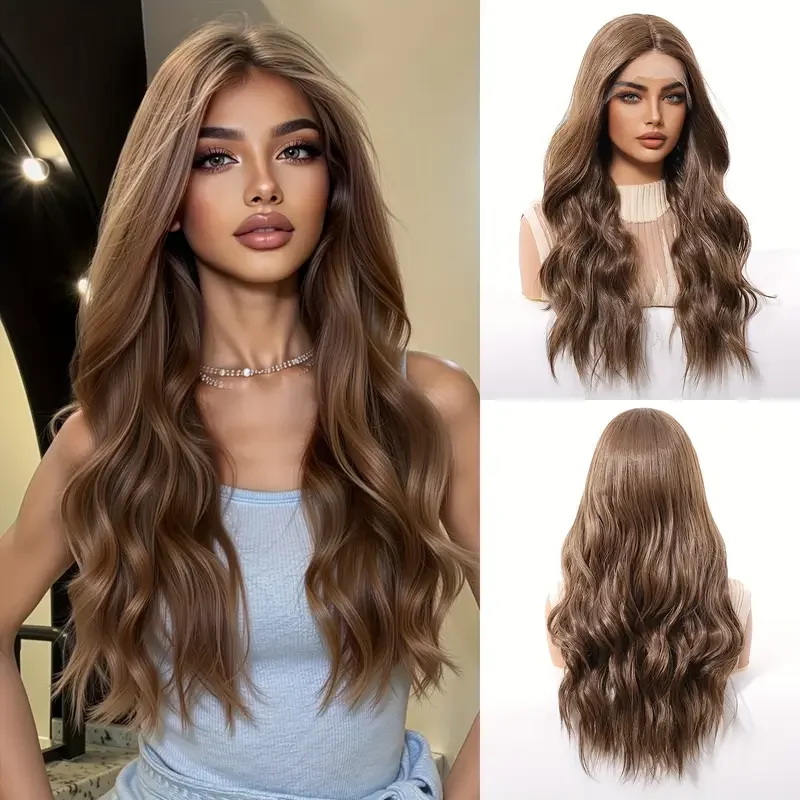 

13x5 Lace Front Wig - Long Wavy Brown Synthetic Hair for Women, Heat Resistant Fiber, Versatile for Daily Wear,