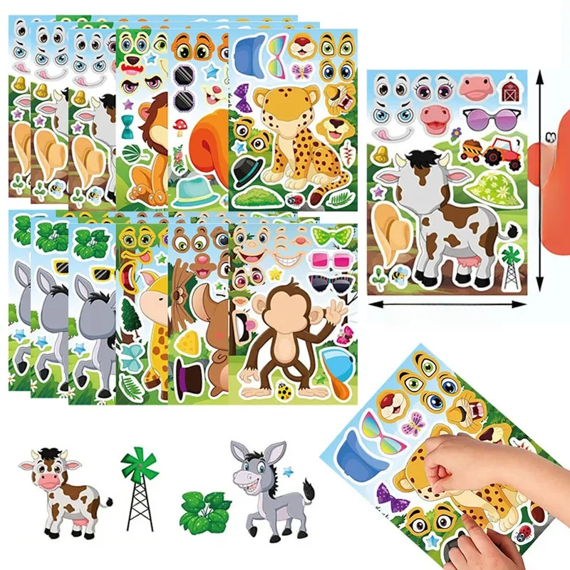 Cartoon Jungle Animal naklejki dla dzieci maluch stwórz własne zwierzę Make-a-face arkusze naklejek dzieci Puzzle DIY układanki — zdjęcie 2