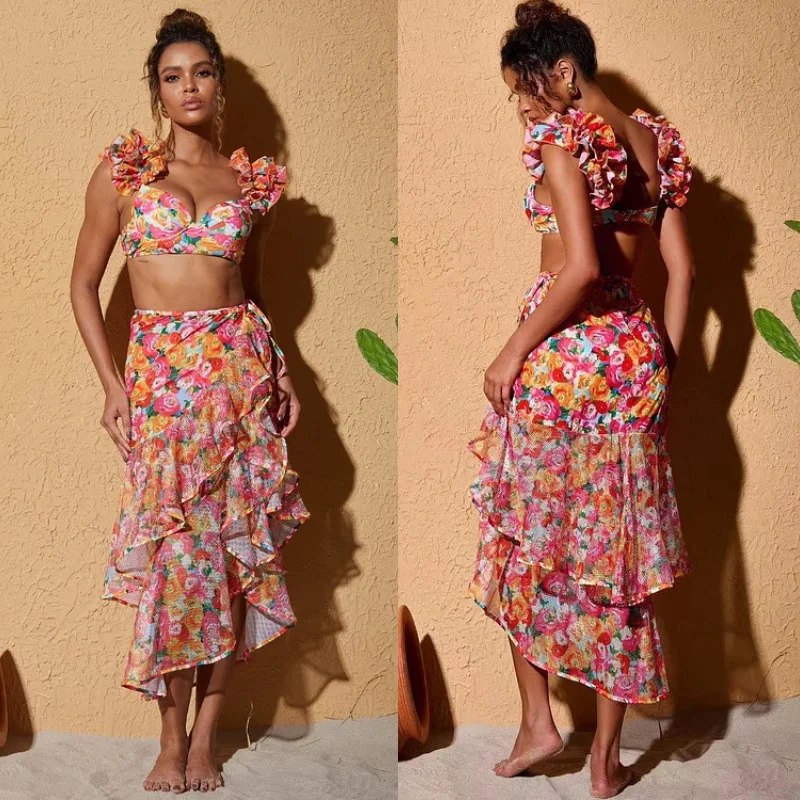 Bañador Vintage con hombros descubiertos y estampado de Sarong para mujer, conjunto de bikini acolchado, ropa de playa, tankini, 2024