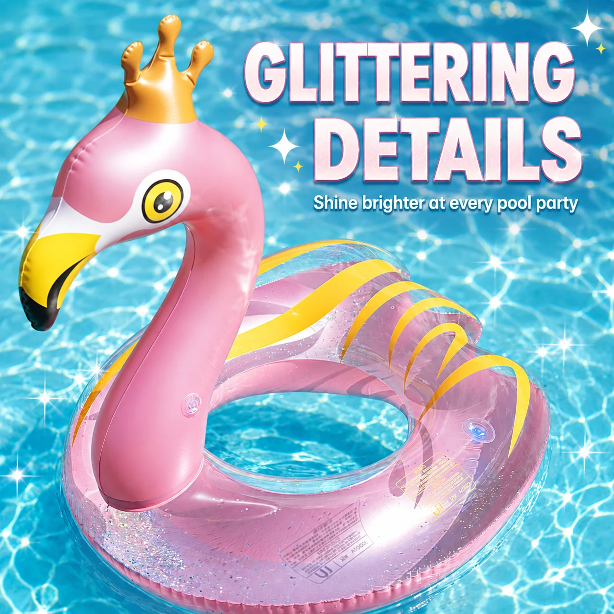 1PC Inflatable Flamingo Swan Pool Float with Crown, Glitter Swim Ring Raft, Heavy Duty PVC Pool Lounger for Adults - view 4
