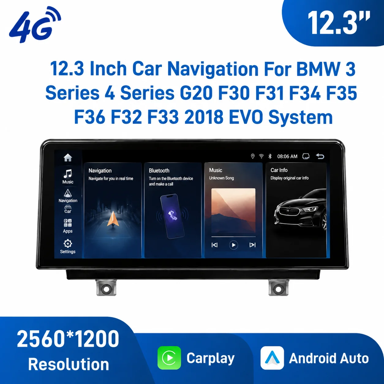 12.3 Inch Android Car Navigation For BMW 3 Series G20 F30 F31 F34 F35 4 Series F32 F33 F36 2018 EVO System CarPlay Android Auto