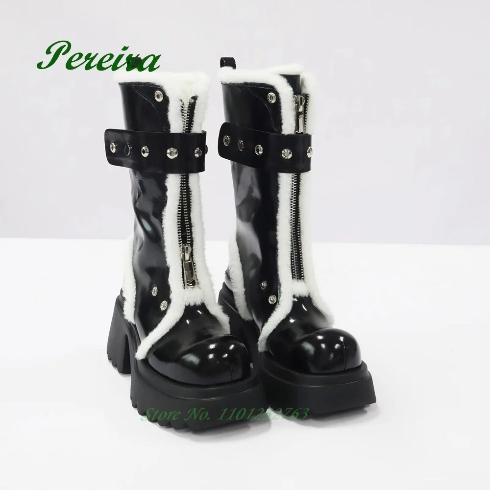 Knight Boots Female 2023 Winter New Round Toe Collision Color Fashion Boots Flip Collar Thick Bottom Warm Medium Snow Boots Sexy