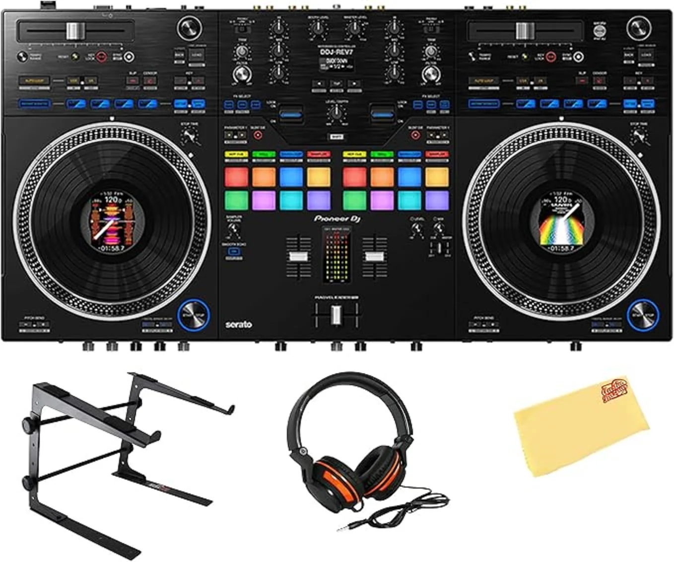 حزمة وحدة تحكم DJ احترافية ثنائية القناة من Pioneer DDJ-REV7 مع حامل وسماعات الرأس وتلميع أوستن بازار C
