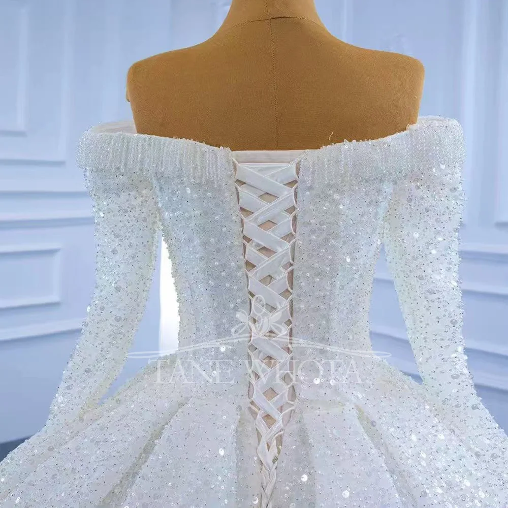 Блестящее свадебное платье с открытыми плечами и длинными рукавами, бальное платье с блестками, роскошные белые свадебные платья