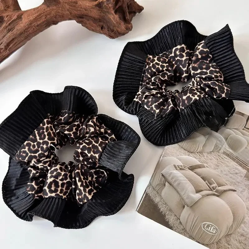 Koronkowa opaska do włosów w stylu retro w panterkę, moda damska, niszowy design, temperamentna gumka do włosów, nowy, wysokiej klasy pierścień na jelito grubo — zdjęcie 2