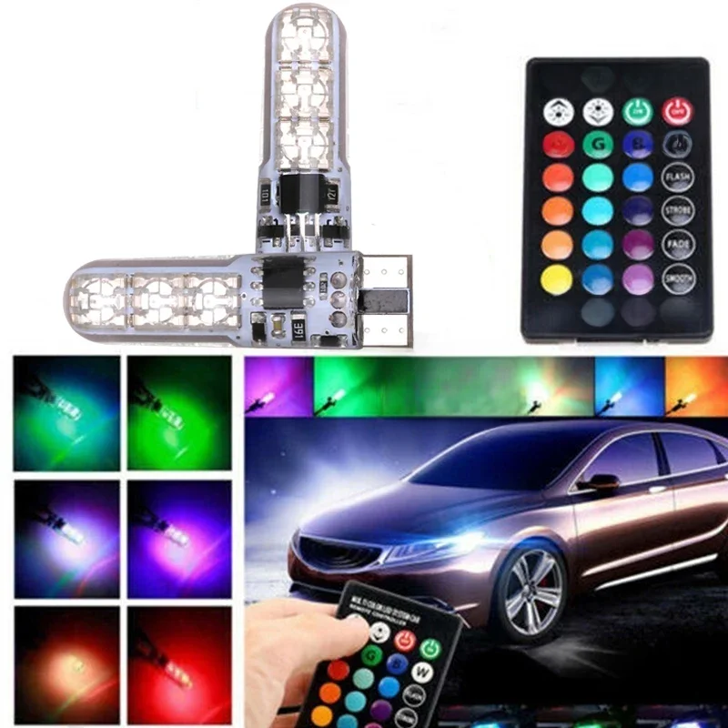 2x T10 Wodoodporna żarówka samochodowa W5w 501 - 6SMD 5050 RGB 7-kolorowy pilot LED (bez baterii) Stroboskopowa lampa błyskowa klinowa — zdjęcie 2