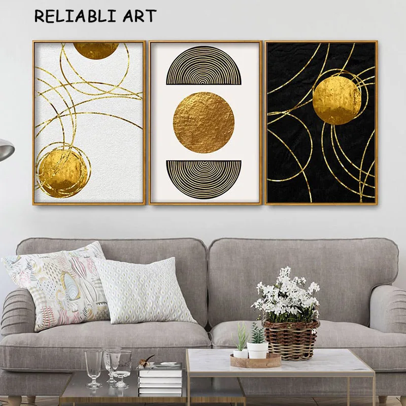 Golden Line Circle Abstract Poster and Prints 3 Panels Canvas Painting Wall Art Pictures for Living Room Home Decor No Frame