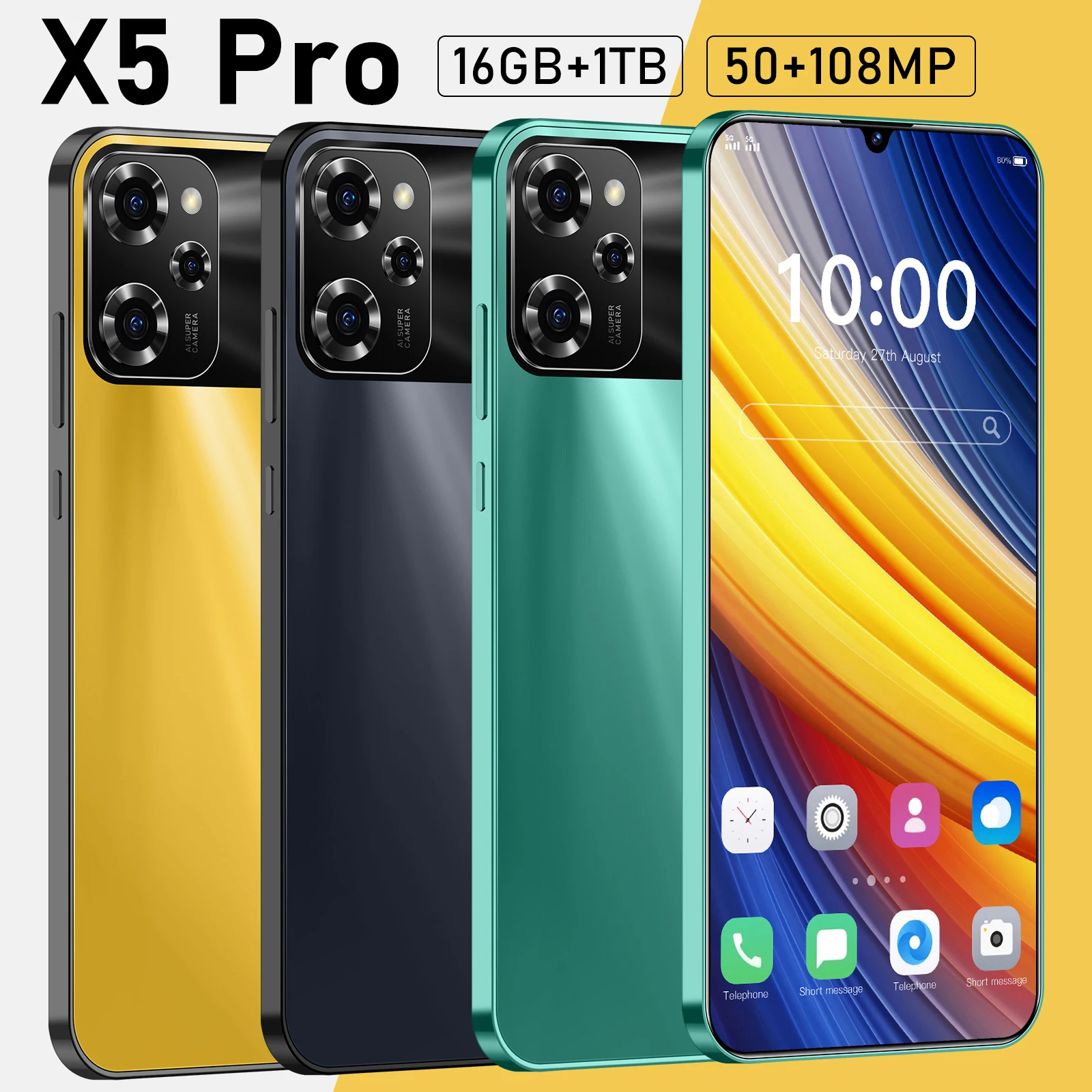 HOT 2025 NEW Mobile Phone X5 Pro 7.3 HD Screen SmartPhone 16G+1T 5G Dual Sim Celulares Android Unlocked 108MP 6800mAh Cell Phone