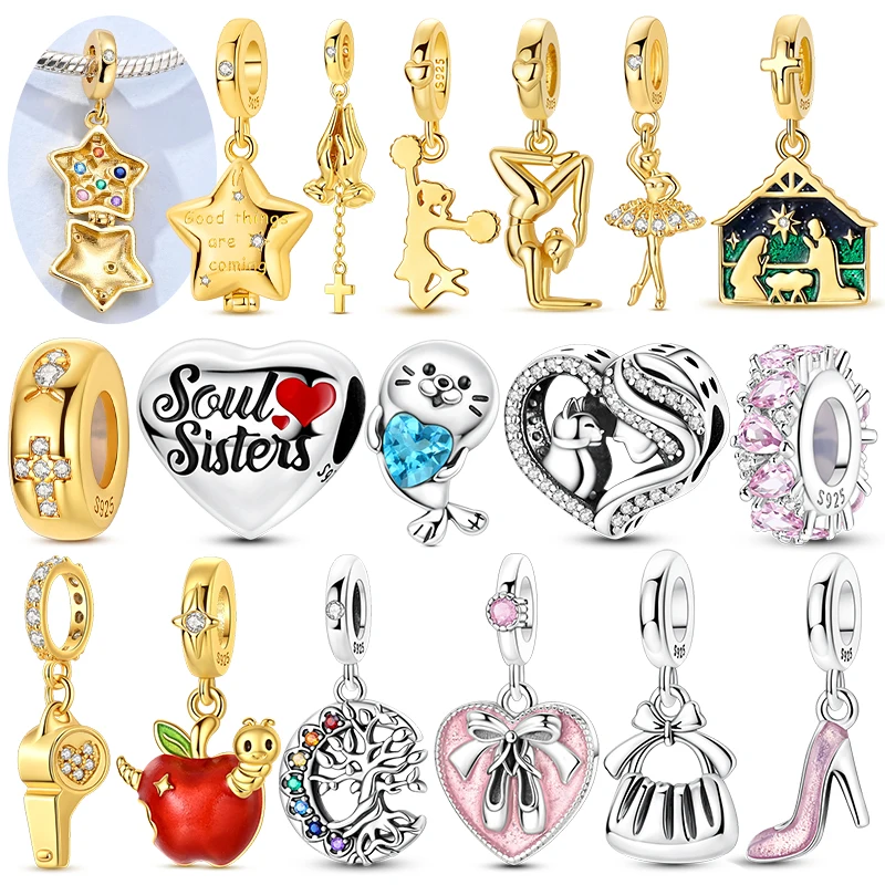 

Original Charms 925 Sterling Silver Golden Lucky Star Ballet Shoe Heart Bead Pendant Charms Fit Bracelet Necklace Womens Jewelry