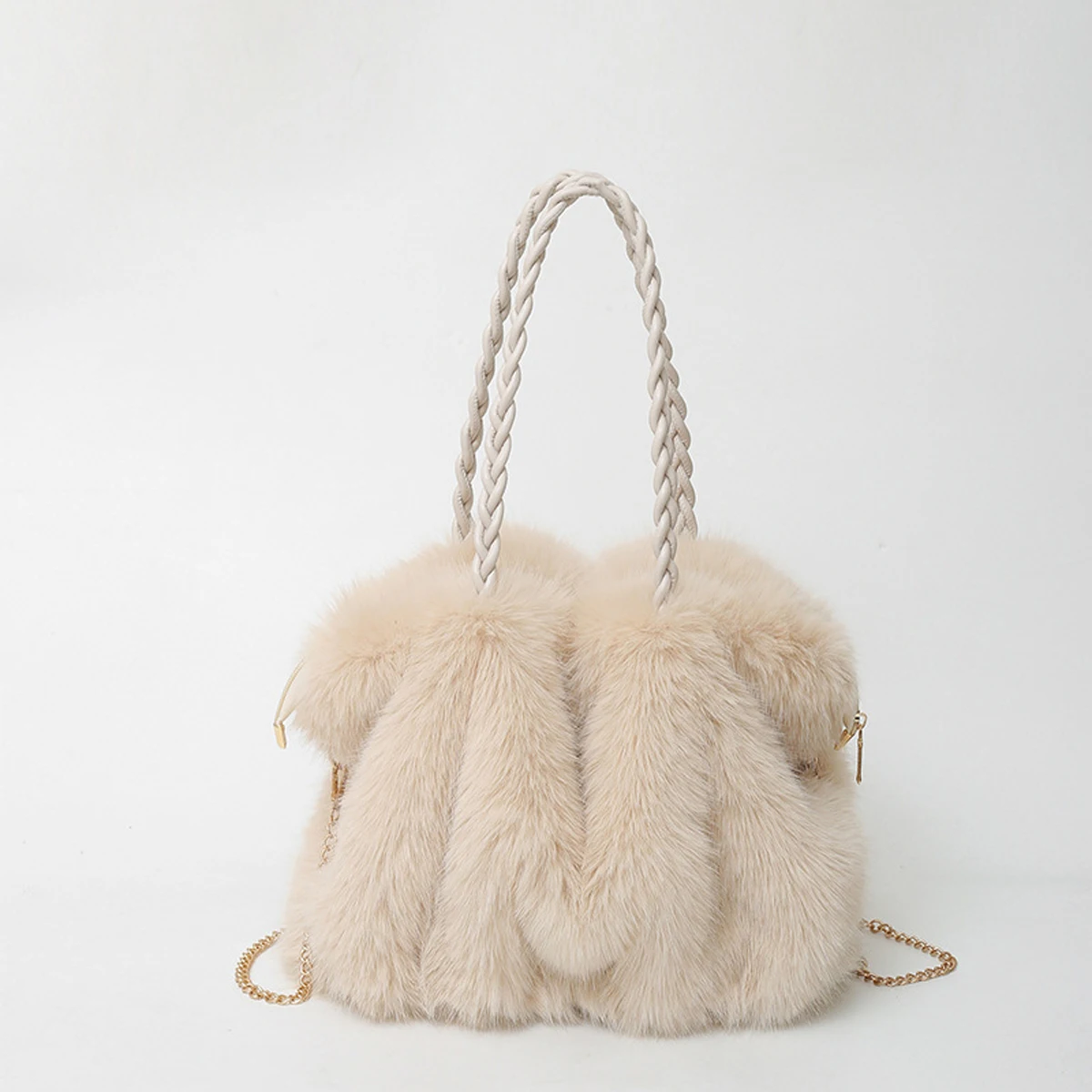 Modische Plüsch-Einkaufstasche für Damen mit großer Kapazität, hochwertige plissierte Fuchspelz-Schulter-Crossbody-Tasche, Pendlertasche mit Metallkette – Detail 12