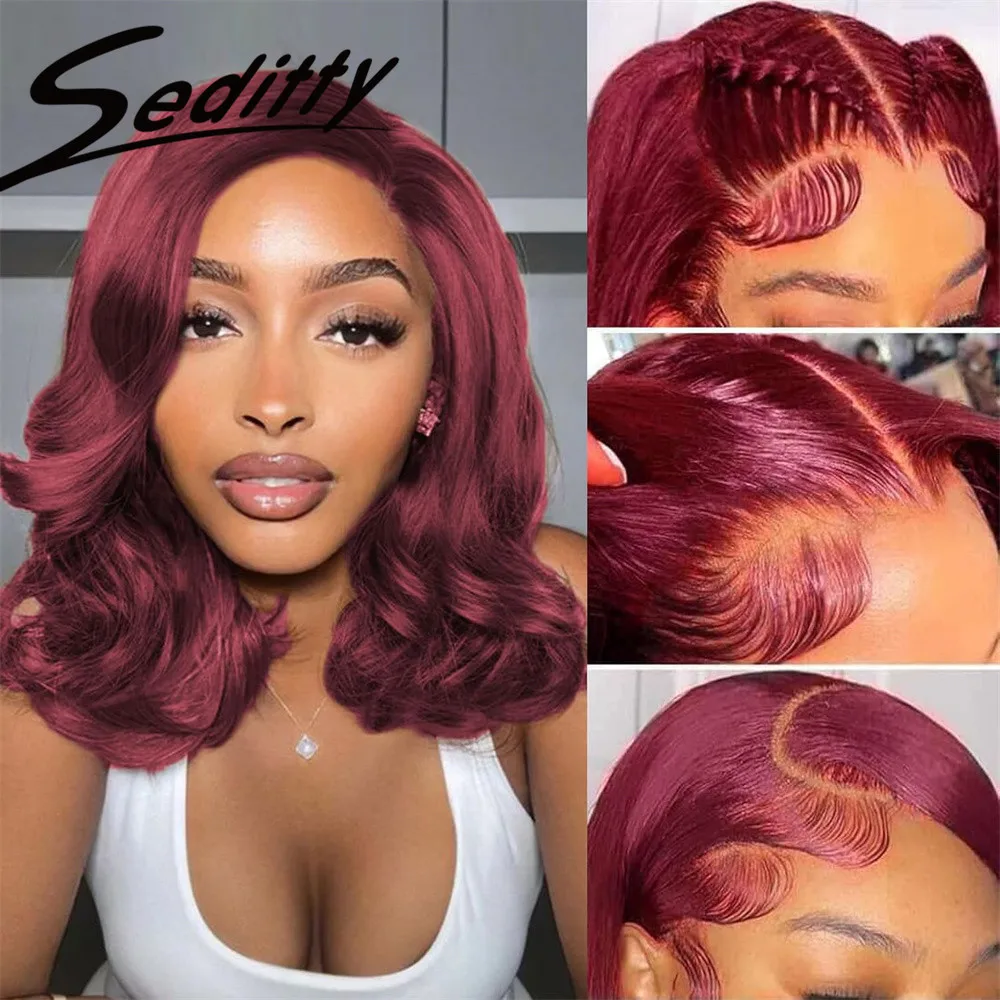 

200% Density Burgundy 99J Bouncy Curly Human Hair Wigs 13x4 HD Transparent Lace Frontal Loose Wave Wig PrePlucked Remy for Women