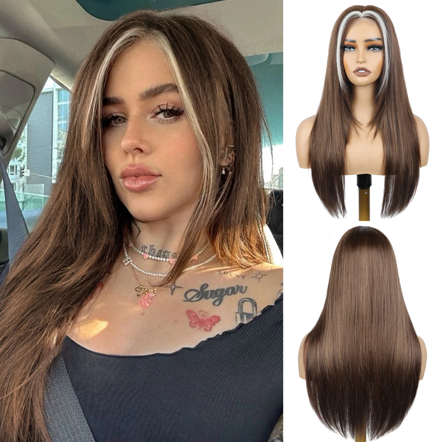 

26-inch brown heat-resistant synthetic wig, long straight hair with white highlights, suitable for everyday wear by women.