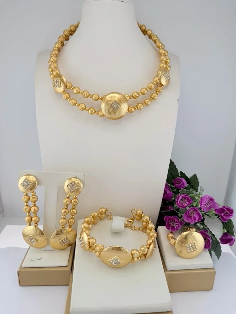 Luxury Three Tone Round Beads Jewelry Set Beautiful Textured Necklace Bracelet Earrings Ring 4PC Jewellery for Wedding Party