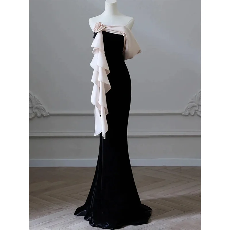 Black evening dress new one shoulder niche banquet host waist fishtail engagement dress skirt women