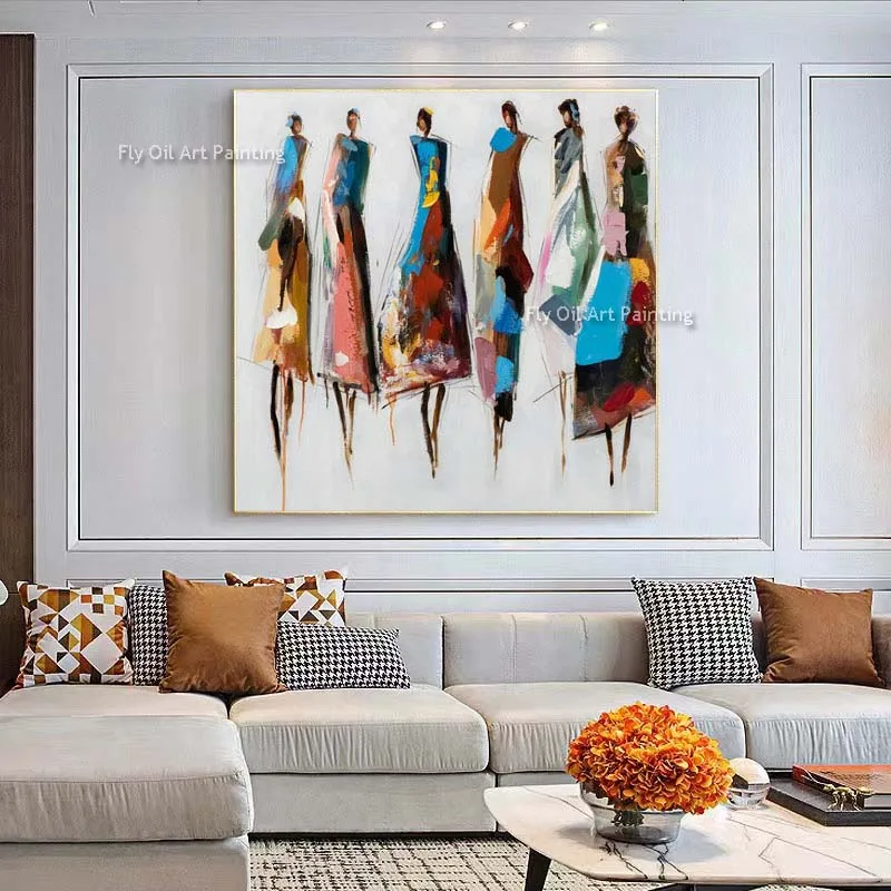 Pure Handpainted Vibrant Long Dress Ladies Oil Painting Sketch Brushstroke Square Canvas Wall Hangings Gallery Decor