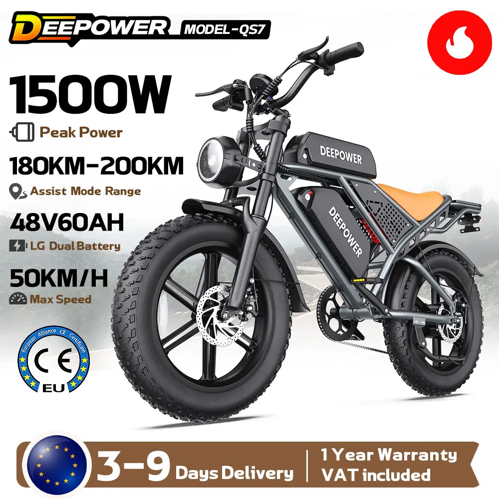 Vélo électrique DEEPOWER QS7 Peak 1500W, 48V 60AH, double batterie, pneus 20 pouces 4.0, vélo électrique tout-terrain, double amortisseur