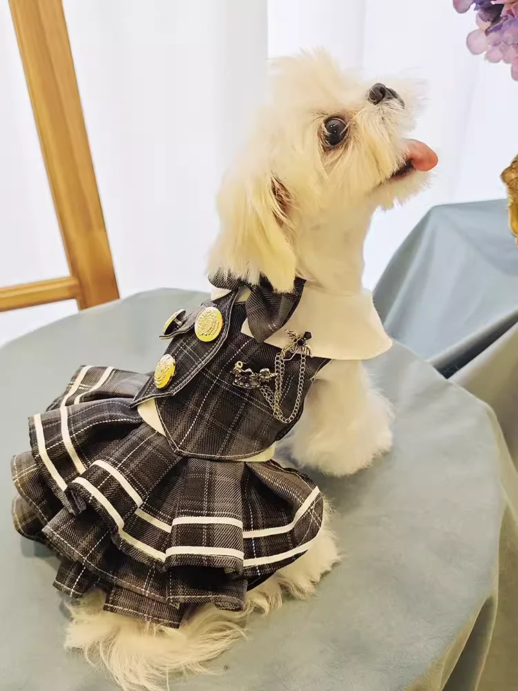 Handmade Unique Dog Clothes Pet Supplies Tartan Dress Classic School Uniform Cute Costume Pleated Skirt Daily Holiday Outfit