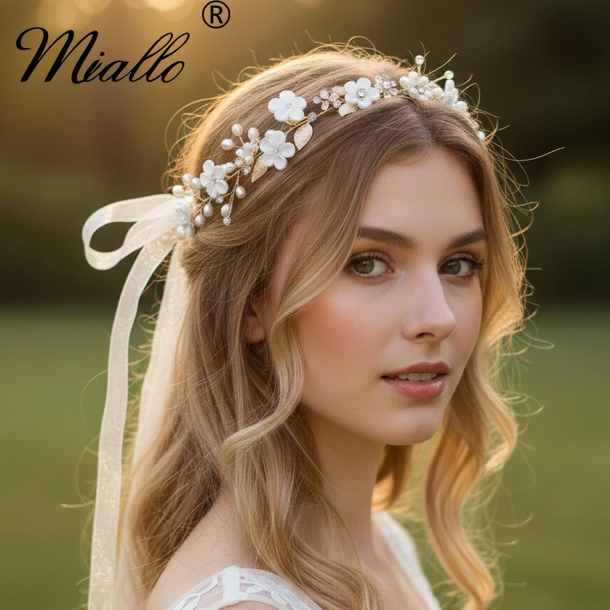 Miallo Boho Handmade Bridal Headpiece-Polymer Clay Flower & Pearl Hair Vine with Ribbon Gold Hair Accessories for Wedding Guest