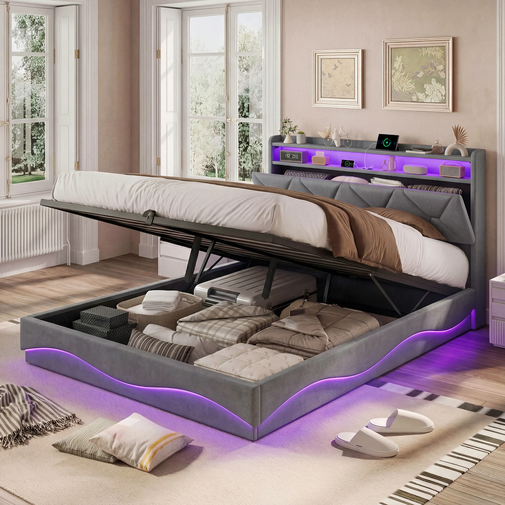 Gestoffeerd tweepersoonsbed 140x200, hydraulisch opbergbed met led- en usb-aansluiting, boxspringbed 160x200, kinderbed met opbergbaar hoofdeinde, bedframe met lattenbodem, fluweel, beige/grijs