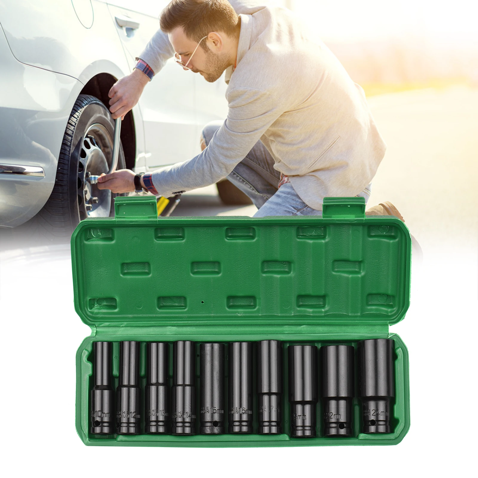 Jeu de douilles à percussion hexagonale d'entraînement de 1/2 pouces, 20 pièces, douilles profondes, tailles métriques 10-24mm, matériau CR-V avec boîte de rangement