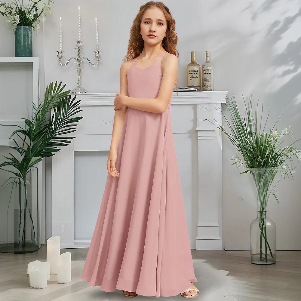 

Designer A-Line Junior Bridesmaid Dress Sage Green Flower Girl Dress V-Neck Floor-Length Chiffon Garden Gala Dance Wedding Party