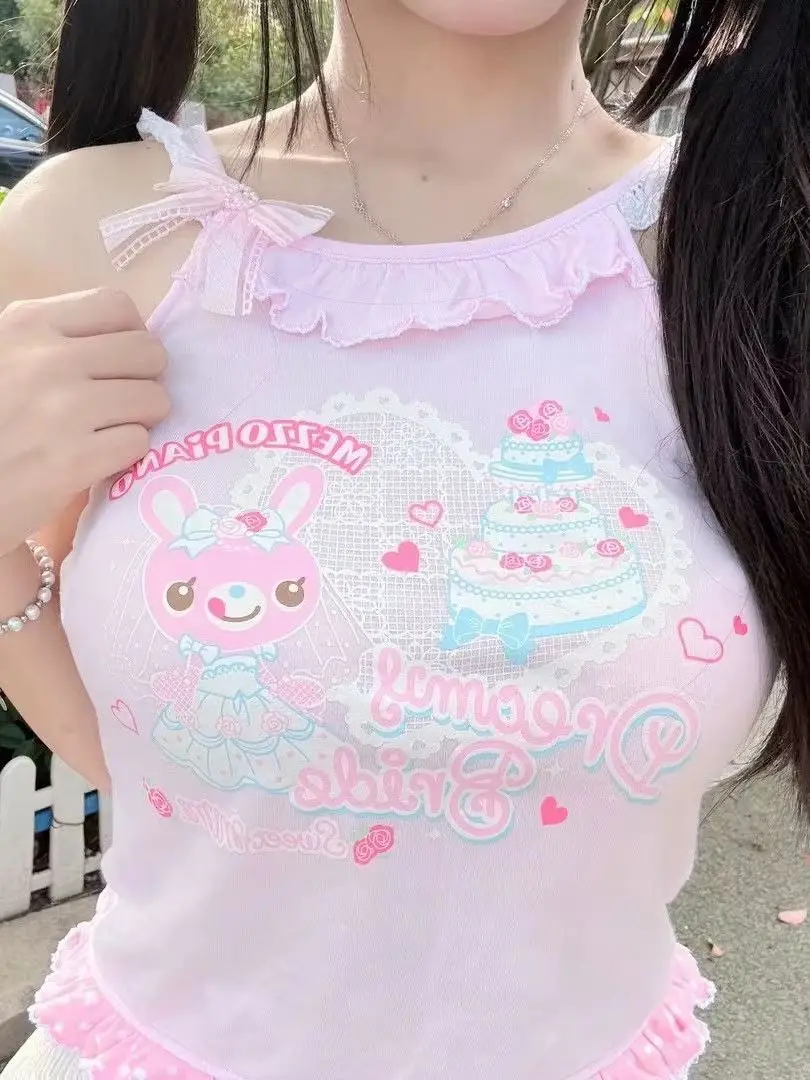 Japanese Harajuku Cute Tank Top Y2k Aesthetic Riffles Cartoon Printed Vest Pink Sweet Lolita Crop Top Slim Fit Tunic Camisoles