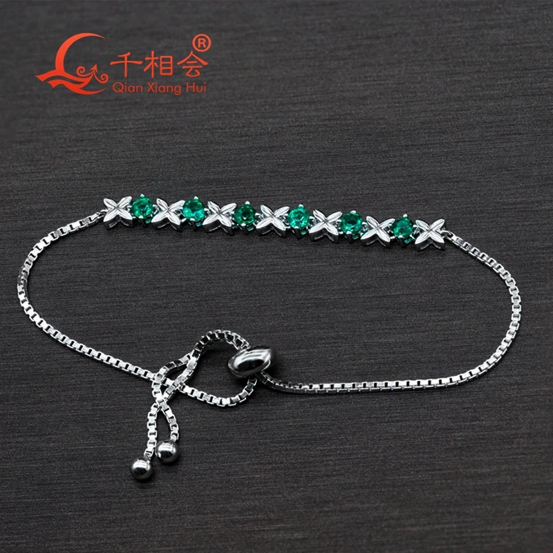 925 Silver   adjustable Bracelet  Green emerald four-leaf clover  flower melee white moissanite stone  Women jewelry gift.