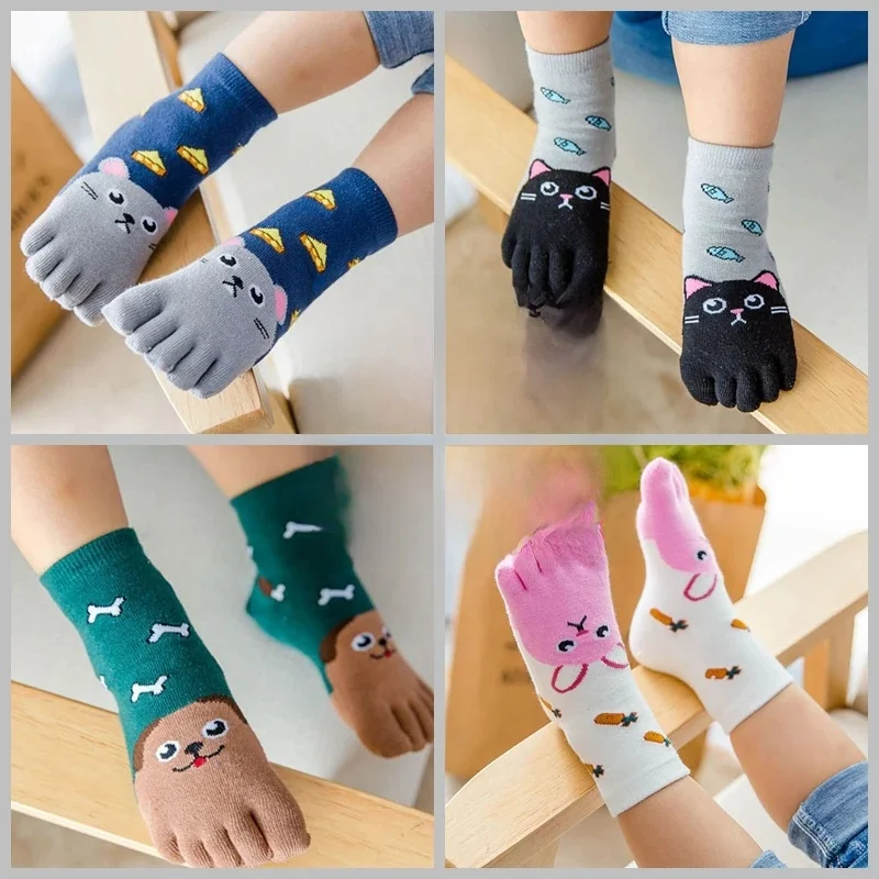 3 pary dziecięcych skarpetek z palcami Cute Cartoon Five Finger Socks Girls Boys Kawaii Wysokiej jakości bawełniane skarpetki dziecięce Jesień Zima — zdjęcie 2