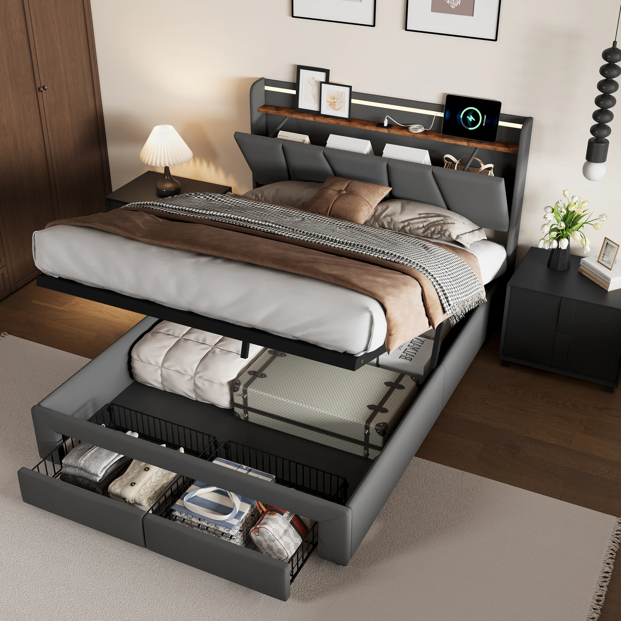 Anajqaqia, lit hydraulique 160 x 200 cm avec tête de lit avec tiroir intégré, lit de rangement, lit double multifonctionnel, lit rembourré, tête de lit avec ports de charge USB et Type-C, 2 tiroirs métalliques au pied du lit, lin, gris foncé