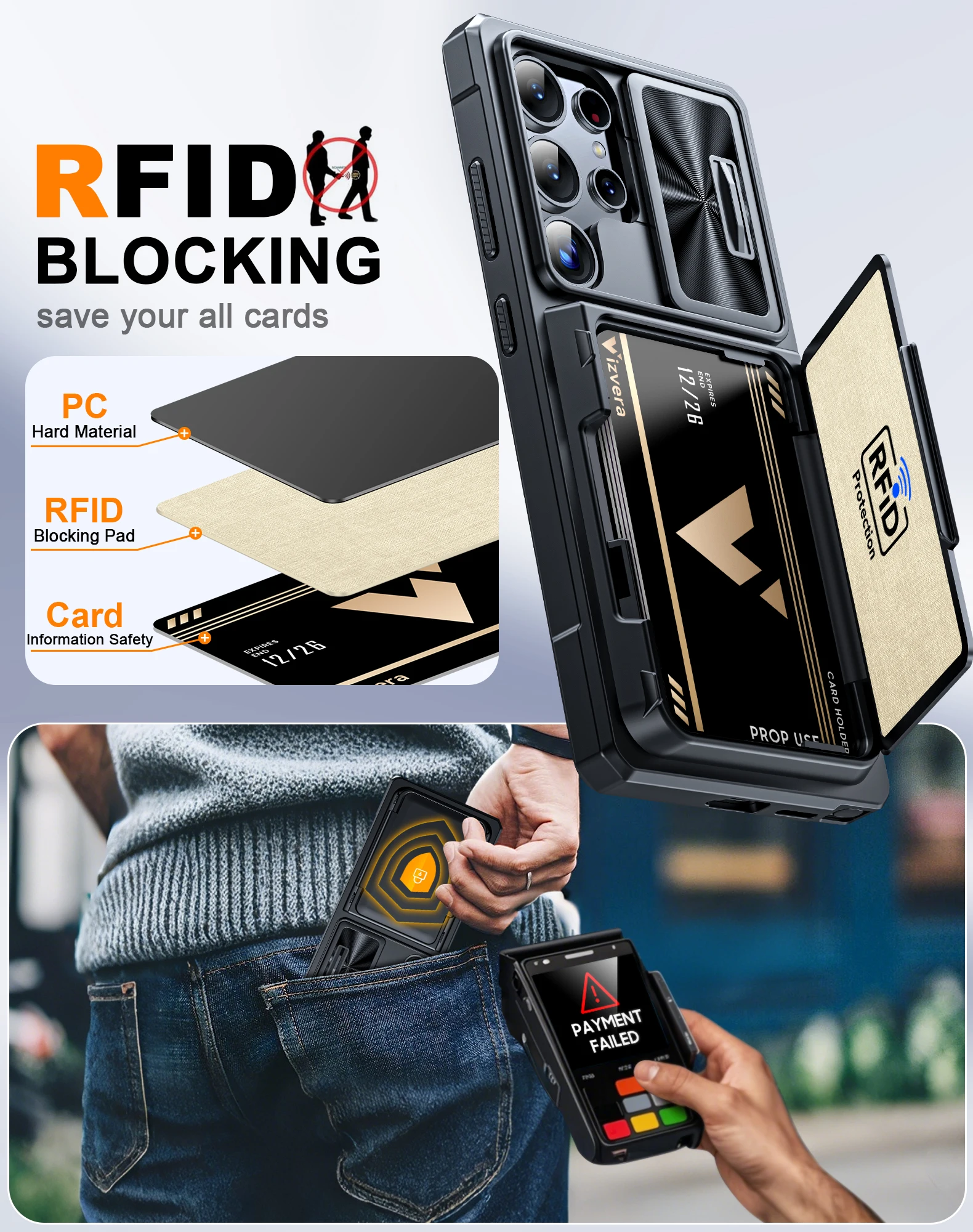Robuste Stoßfeste Schutzhülle mit Kameraabdeckung, RFID-Blockierung Kartenhalter für Samsung Galaxy S25 Ultra-Schwarz – Detail 1