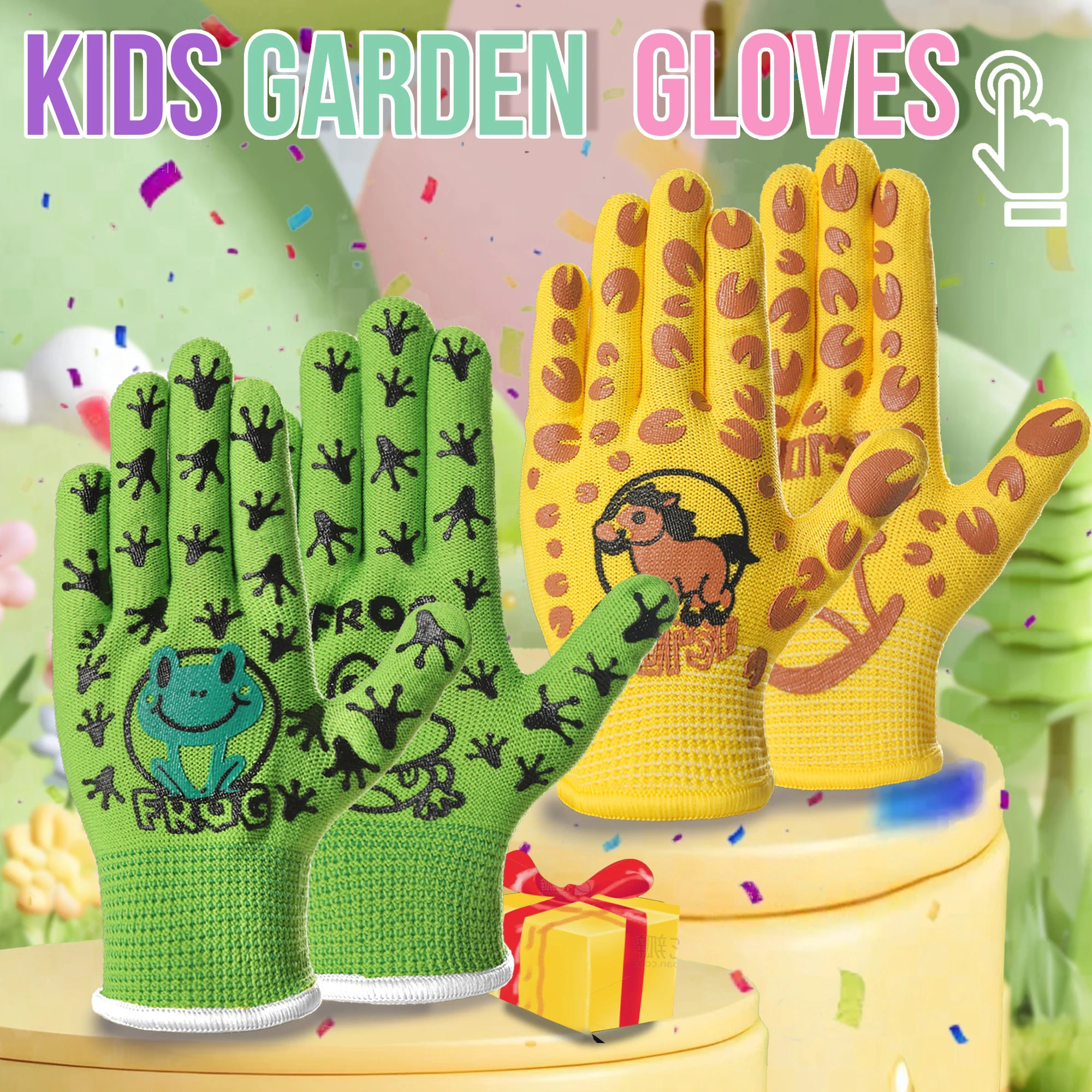 2 Pairs Kids Gardening Gloves Cute Pint Yellow and Green for Outdoor Gardening Activities