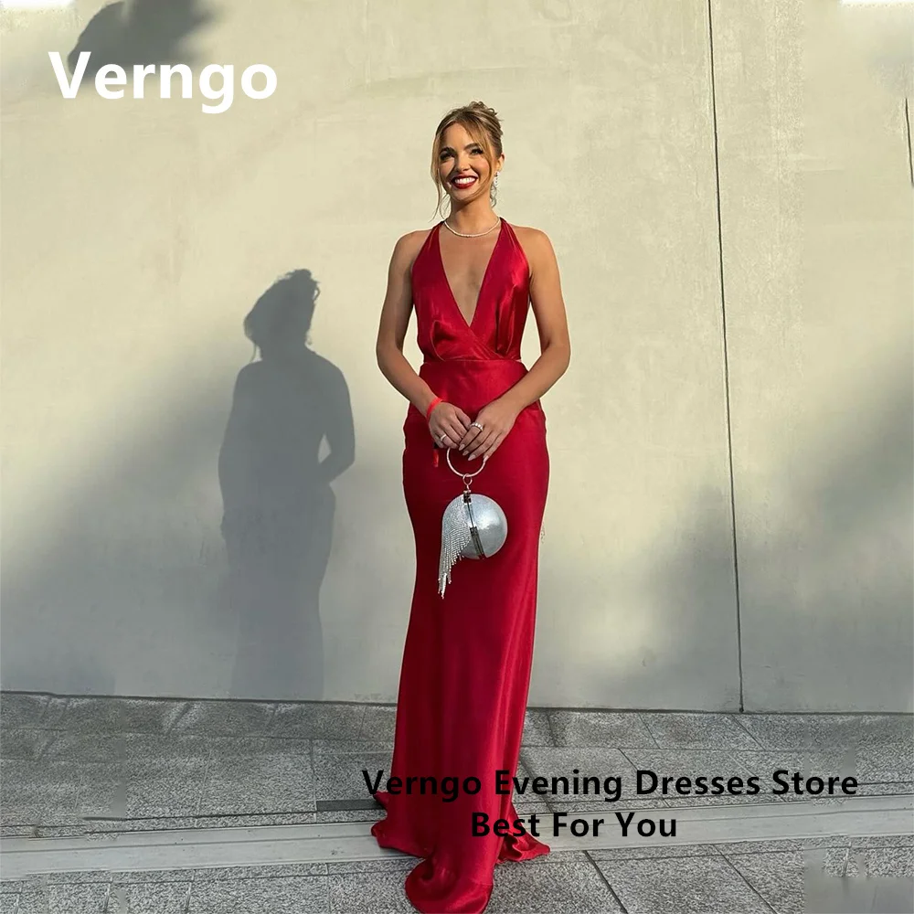 

Verngo Red Stretch Frabic Evening Dress For Women Halter Sleeveless Prom Gowns Franch Sexy Mermaid Party Dress