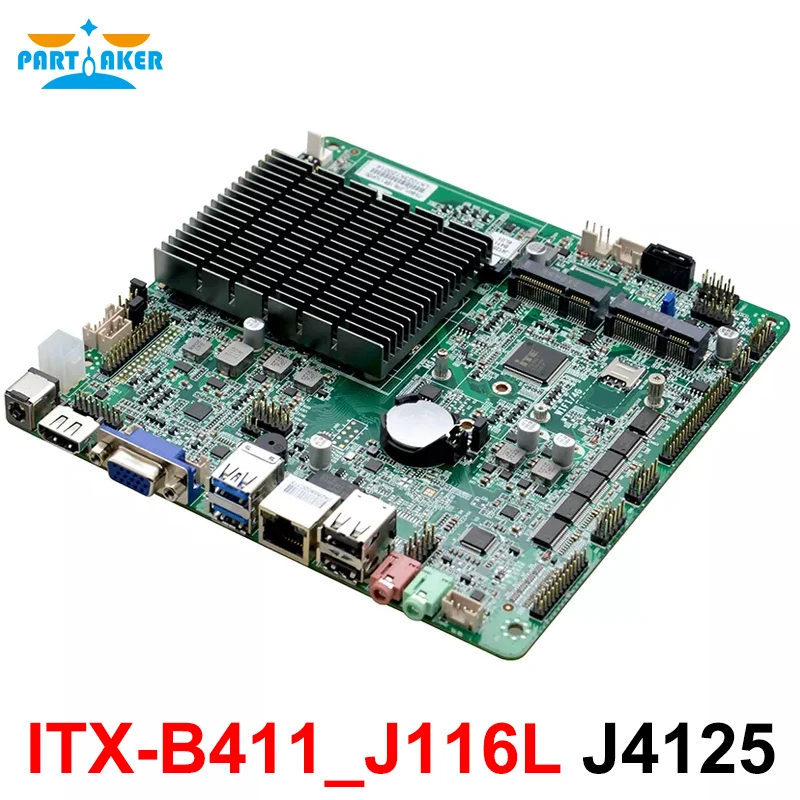 Partaker X86 Thin Mini ITX Motherboard Industrial Computer Fanless Mainboard ITX-B411_J116L Celeron J4125 with 8 USB