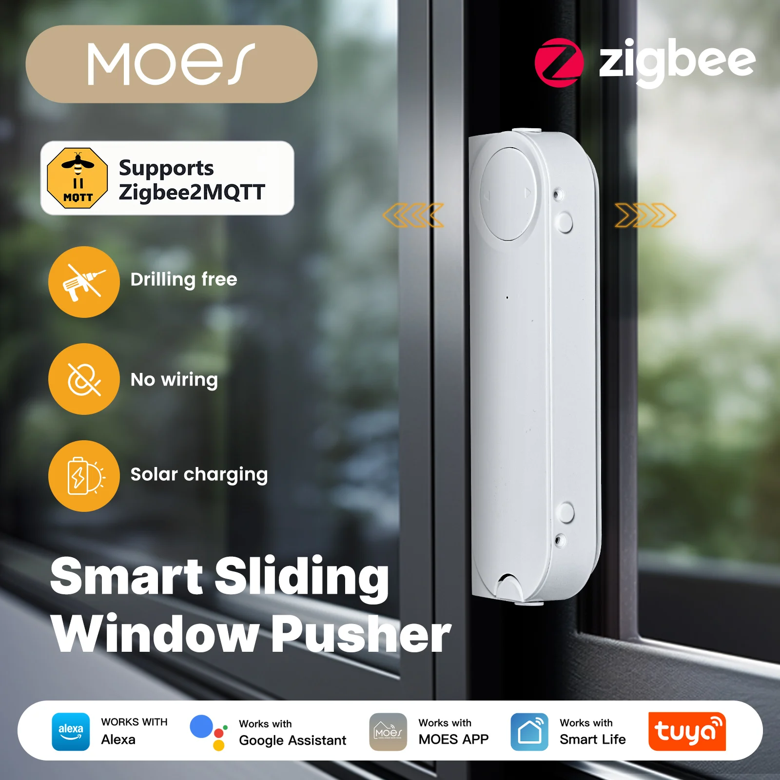 MOES Smart Automatic Sliding Window Closer Opener Tuya ZigBee Motor Solar Panel Rechargeable Pusher via Alexa Google Home