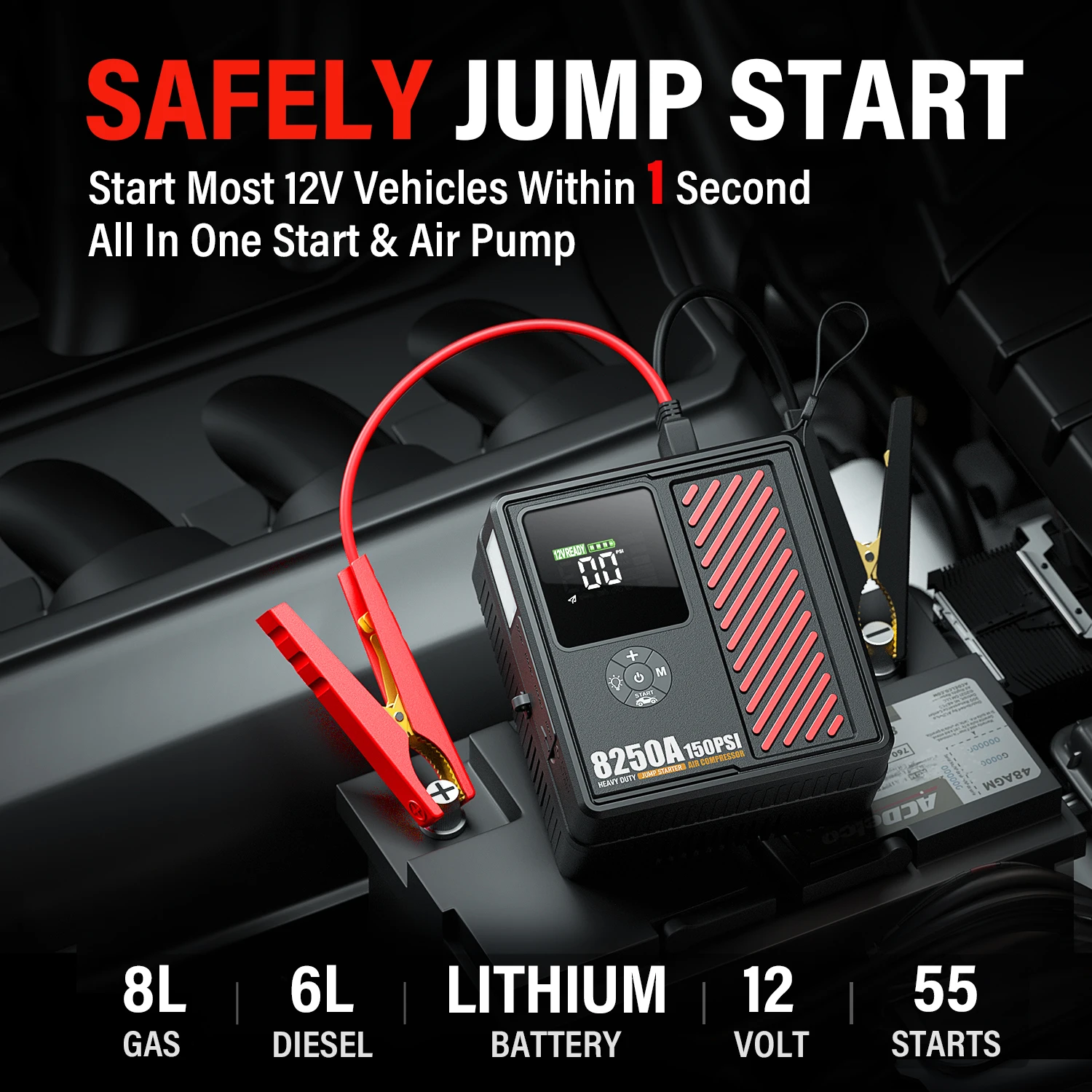 Portable Jump Booster Starter 4000A with Air Compressor 22,000mAh Power Bank 150 PSI 10.3 BAR Tire Inflator For Home Cars & SUVs