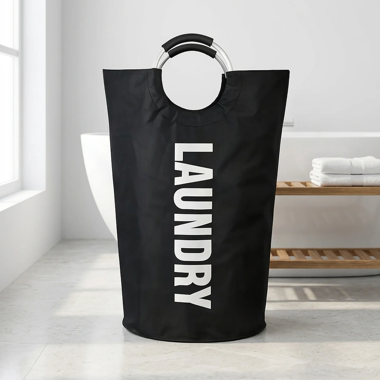 Black 90L Foldable Laundry Hamper, Large Capacity Tall Oxford Fabric Clothes Basket with Aluminum Handles, Space Saving Storage Organizer