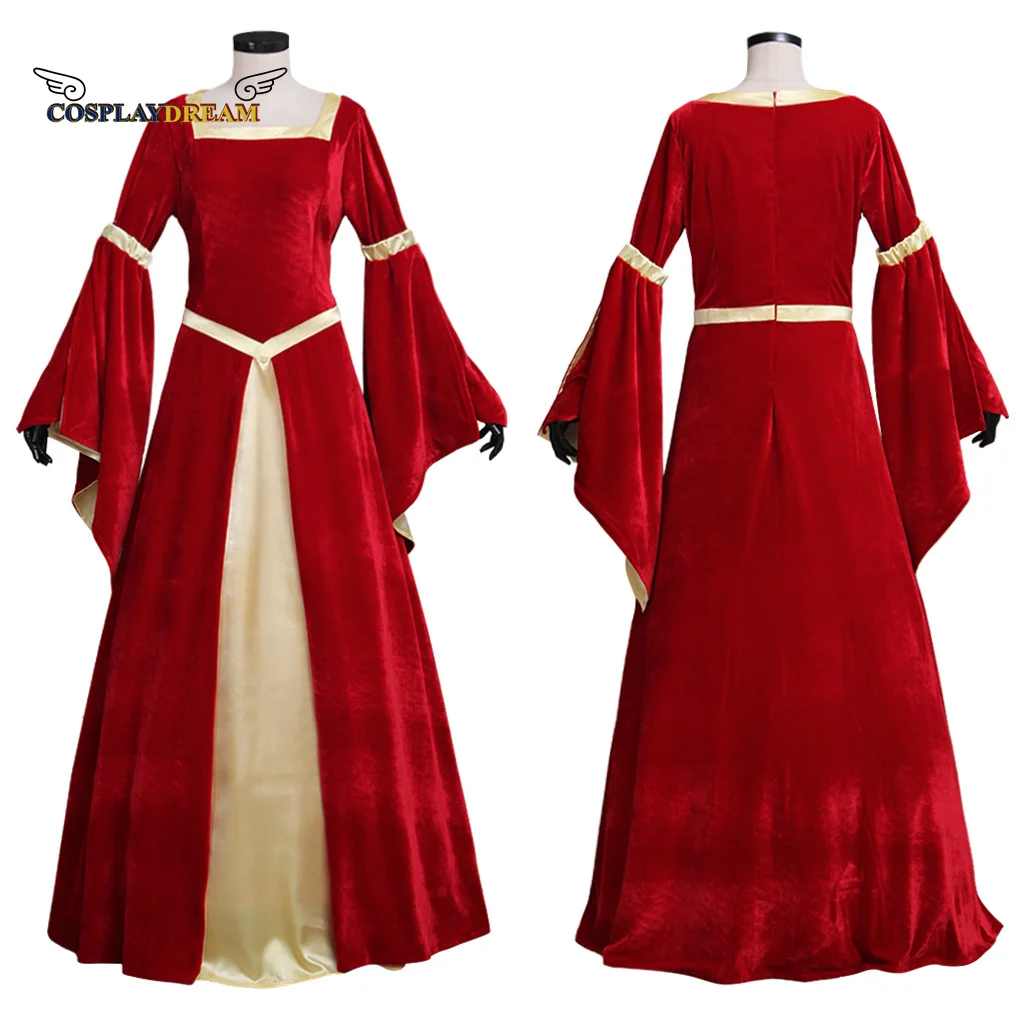 

Custom Made Medieval Velet Dark Red Yellow Lined Trampet Sleeves Dress Adult Women Wedding Dress Fancy Halloween Party Dress