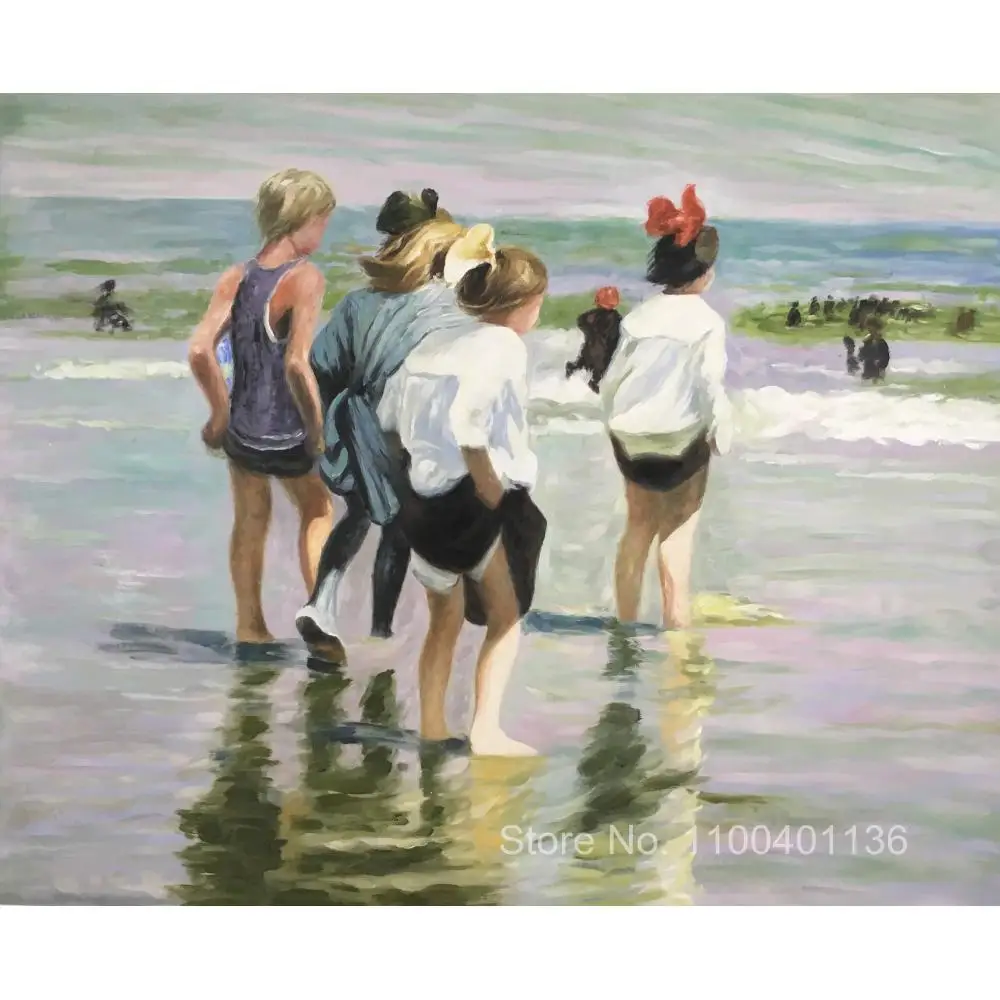 

Beach Canvas Art Oil Painting Wall Decor Handmade Children Playing Edward Henry Potthast Seascape Artwork Picture Living Room