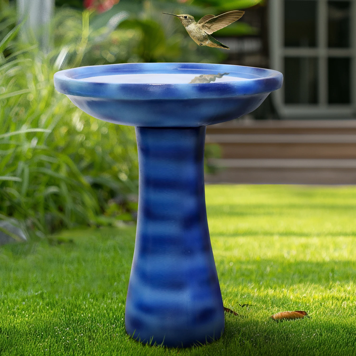 Naturefalls Modern Vintage Tall Fiber Cement Bird Bath - Garden Lawn Backyard and Patio Outdoor Garden Decoration, 23.6‘’H, Blue