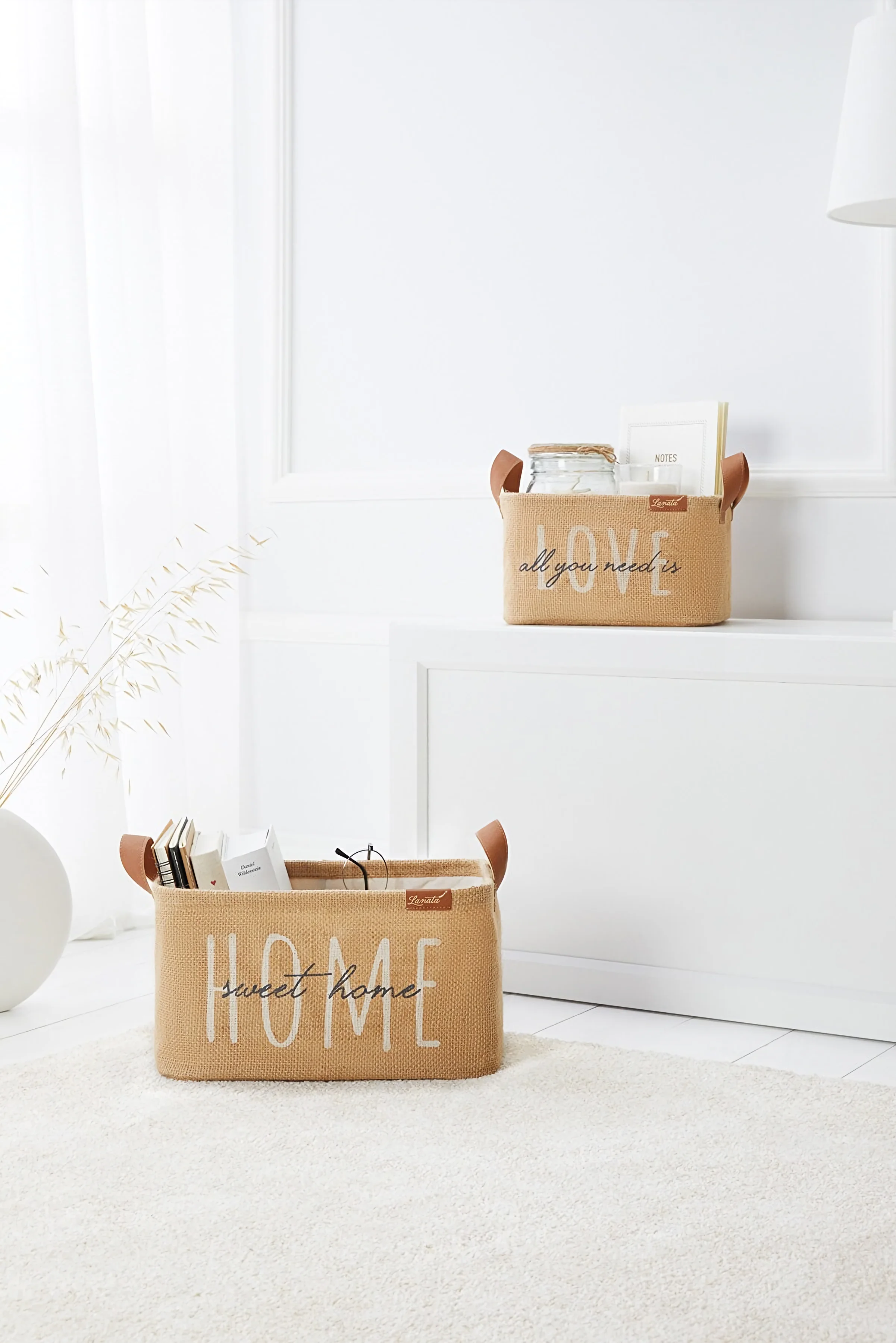 Modern 2'li Lined Home-Love Printed Jute Basket Bedroom More Goods Clothing Storage Basket Child Room Toy Storage sepeti