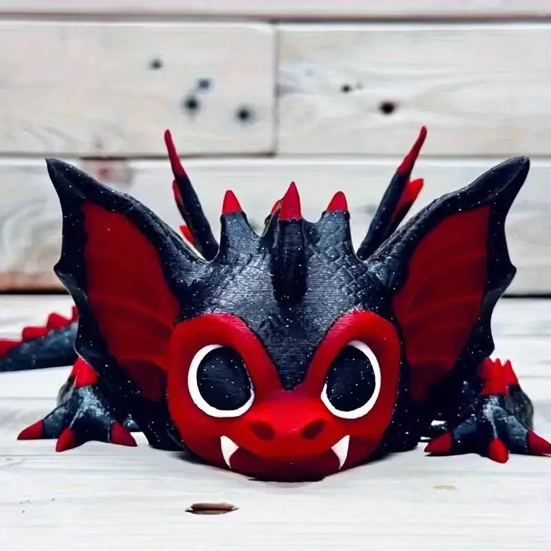 3D Printed Cute Bat Dragon Figurine - Black and Red Mythical Creature Desktop Decoration, Perfect Gift for Teens and Adults, Col view 6