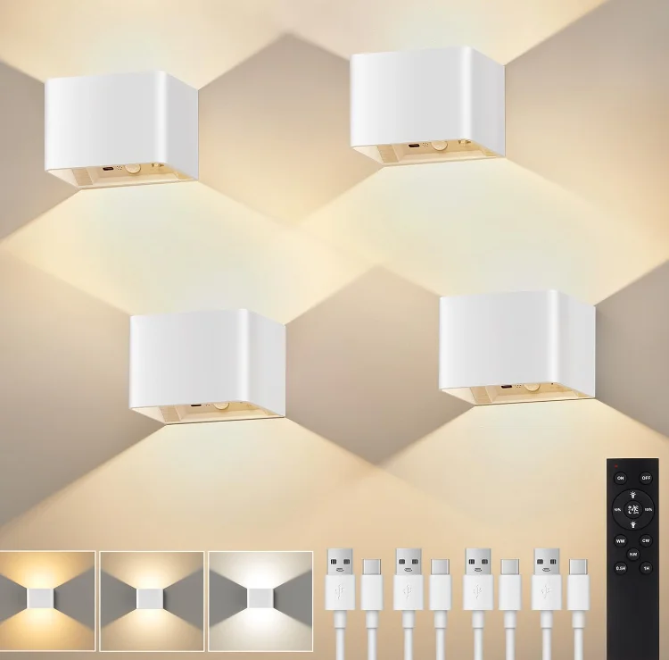 4-delige oplaadbare LED-wandlamp met bewegingssensor, 5000mAh magnetische draadloze wandlamp met afstandsbediening, 3 kleurtemperaturen dimbaar, USB-C nachtlamp voor slaapkamer, hal, trap.