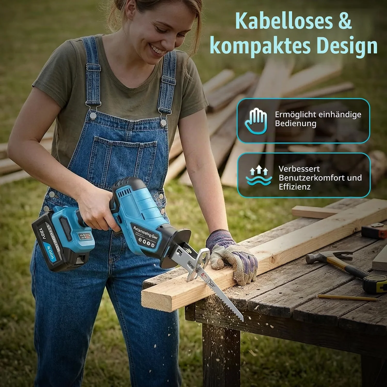 Universelle Akku-Säbelsäge, tragbare Elektrosäge mit LED-Licht zum Schneiden von Holz, Metall und PVC-Rohren