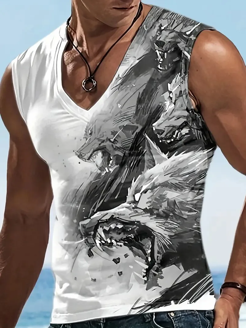 Men's V Neck Vest Men's Deep V Loose Sports Fitness Slim 3D Printed Sleeveless T Shirt Cropped Sleeve Shoulder Summer Plus