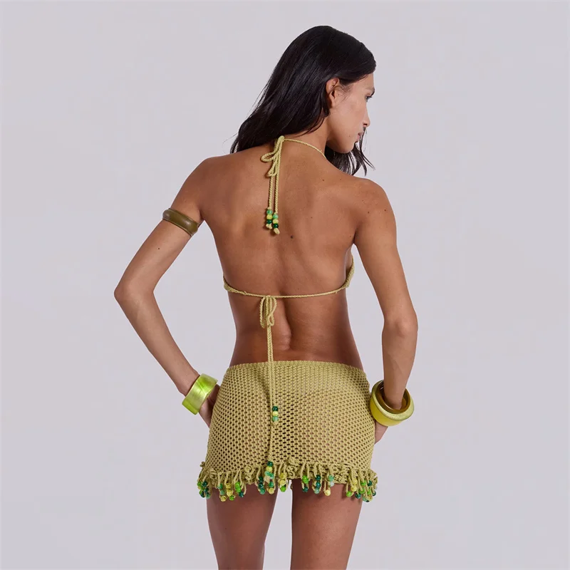 Women's Sexy Sleeveless Backless Beading Fringe Short Knit Dress Summer Beach Crocheted Bikini Cover Ups See-through Tunic