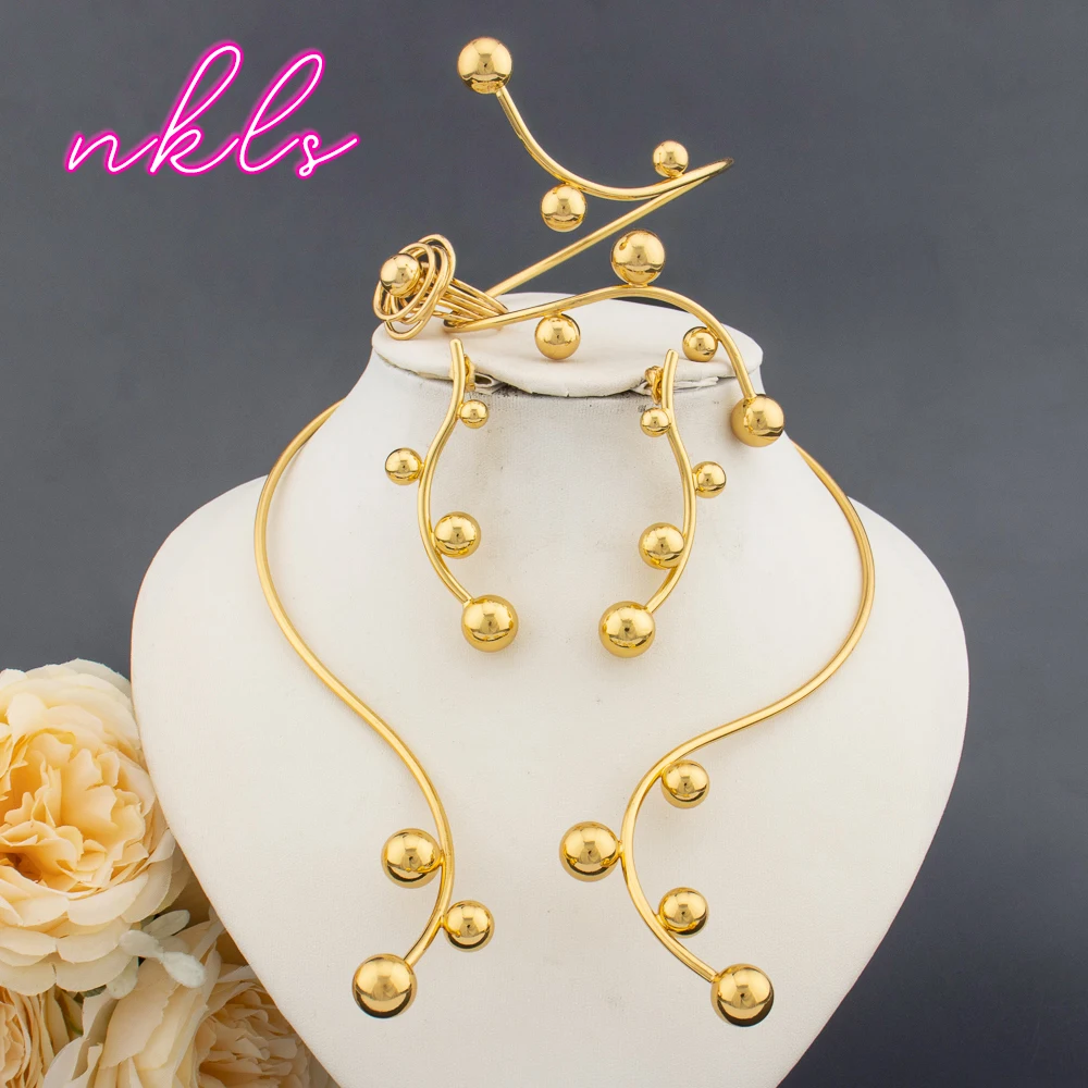 Fashion Women Jewelry Set Dubai Gold Plated Jewelry Italian Design Style Necklace Bangle Festive Earrings Ring Accessories Gift